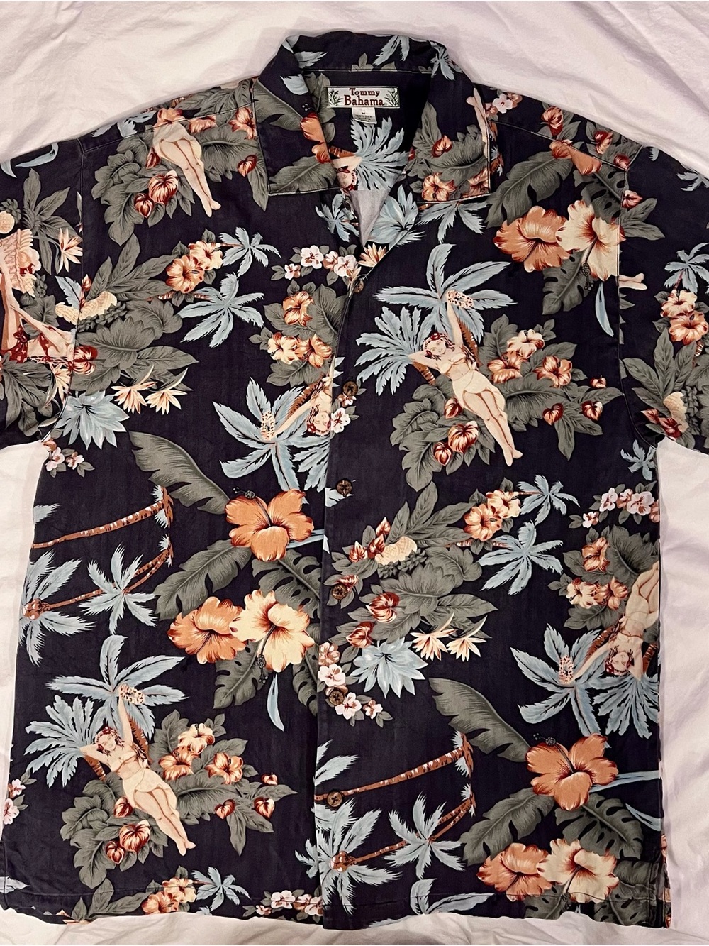 Tommy Bahama Black Hawaiian Shirt with Peach and Light Blue Floral Print